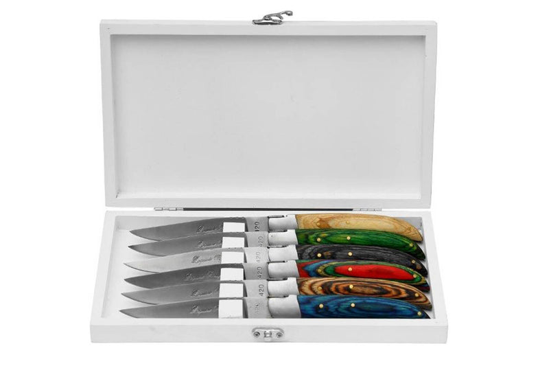 Coffret de 6 couteaux de table Prestige Laguiole Bougna manches bois colorés