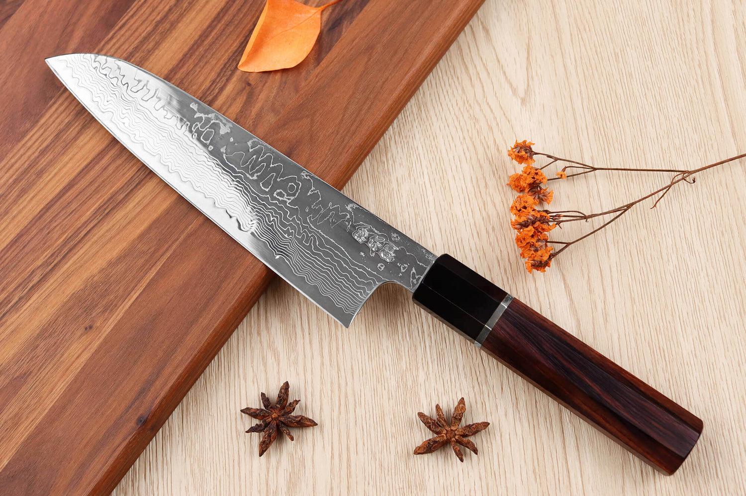 Couteau santoku 19,5cm japonais artisanal Sukenari SG2 damas