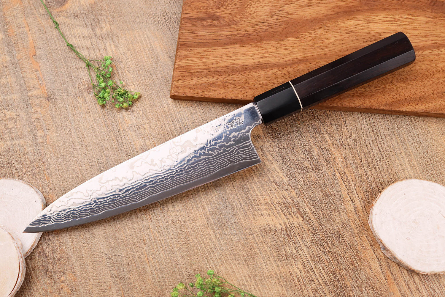 Couteau de chef 21cm japonais artisanal Sukenari ZDP-189 damas manche en ébène