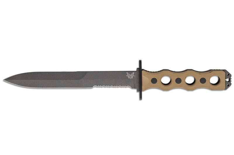 Couteau Benchmade SOCP 185SBK_1 lame semi-dentée 18cm manche ajouré en G10 taupe avec étui