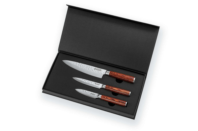 Coffret 3 couteaux Wusaki Pakka X50 pakkawood Chef + Universel + Office