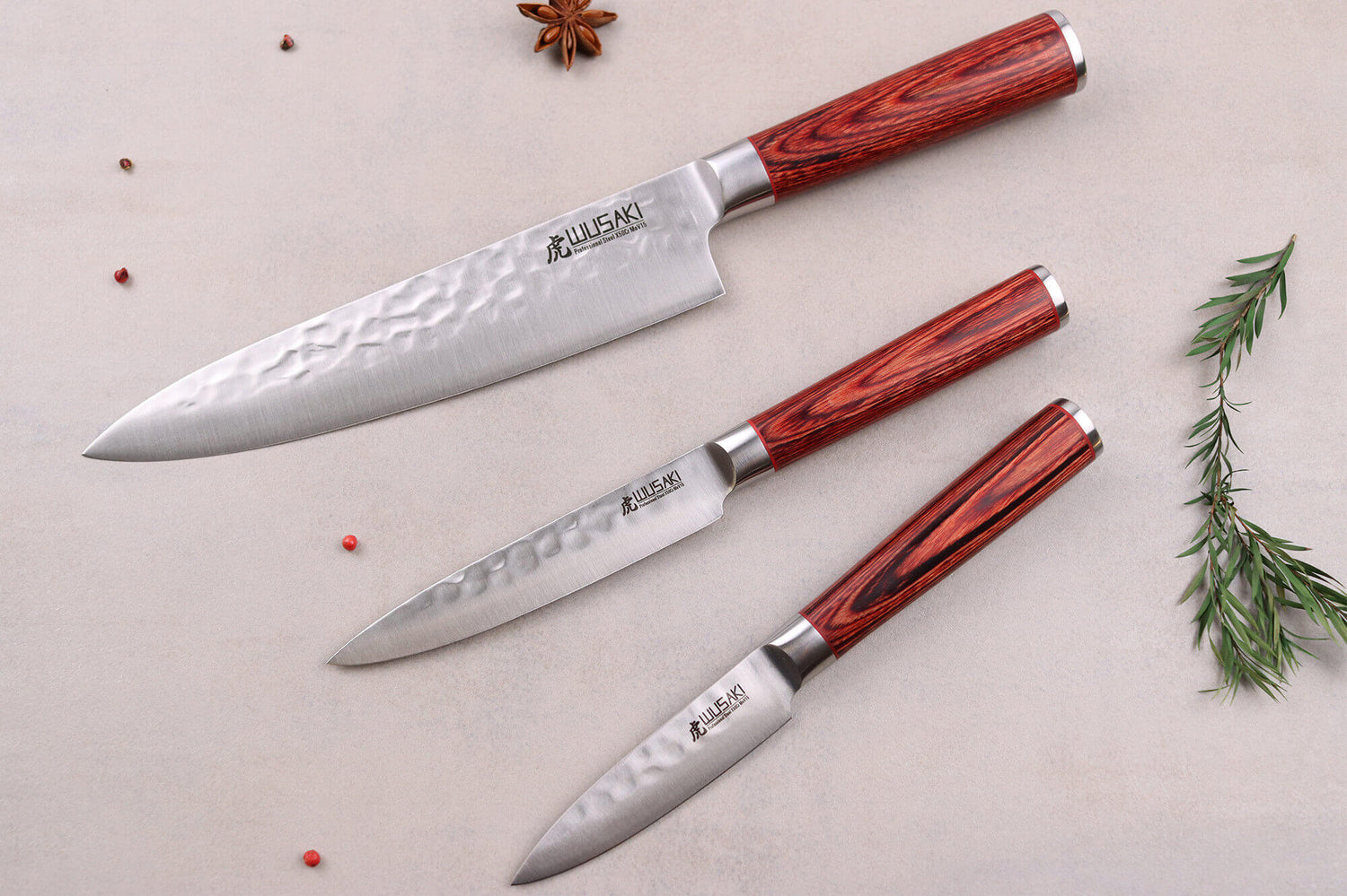 Coffret 3 couteaux Wusaki Pakka X50 pakkawood Chef + Universel + Office
