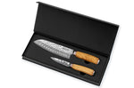 Coffret de 2 couteaux Wusaki Damas 10Cr manches en olivier Santoku + Office