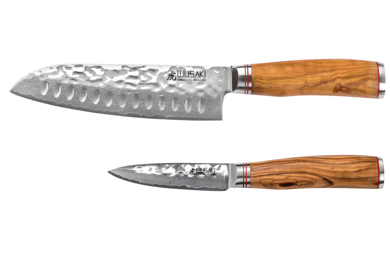 Coffret de 2 couteaux Wusaki Damas 10Cr manches en olivier Santoku + Office
