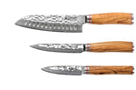 Coffret 3 couteaux Wusaki Damas 10Cr olivier Santoku + Universel + Office